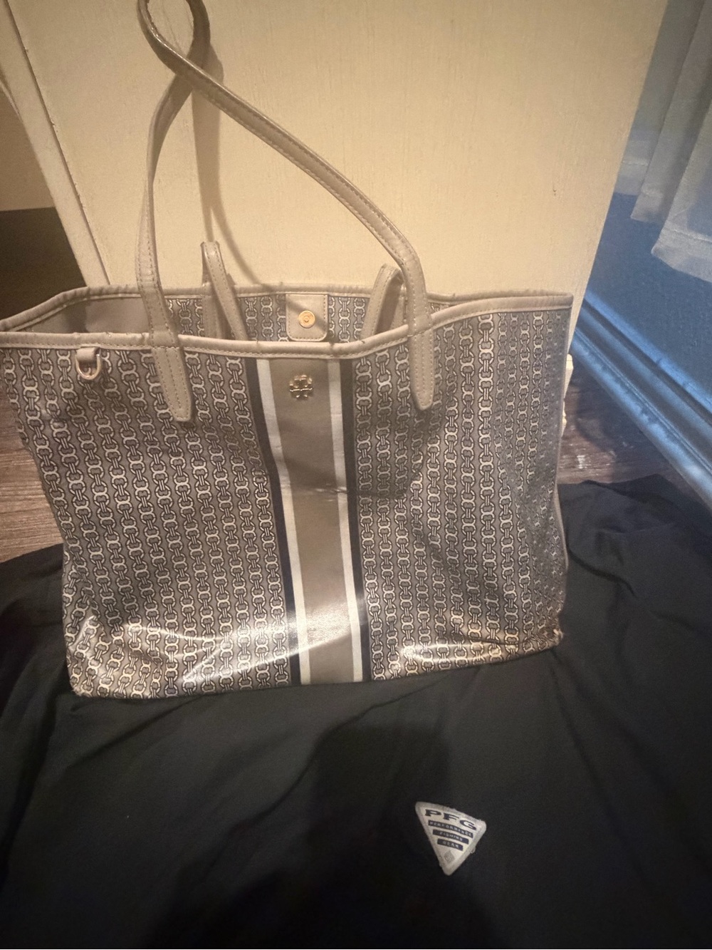 Tory Burch Gray Logo Stripe Tote